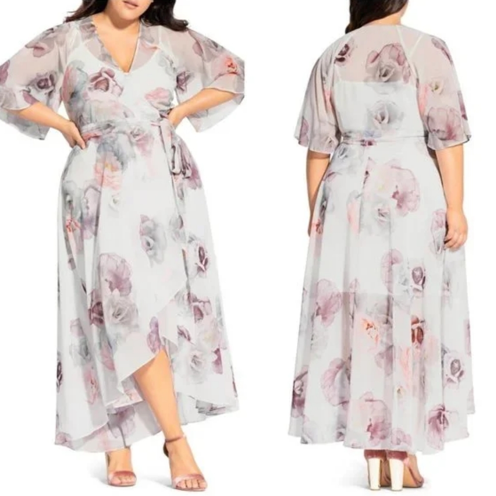 City Chic Rose Bella Chiffon Maxi surplice watercolor Dress plus size 18 new